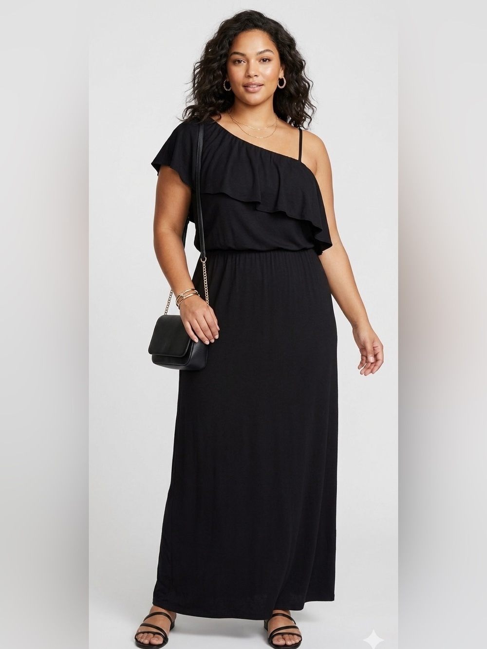 Bobeau Plus Size 3X Black Ruffle One-Shoulder Maxi Dress Summer Resort Wear